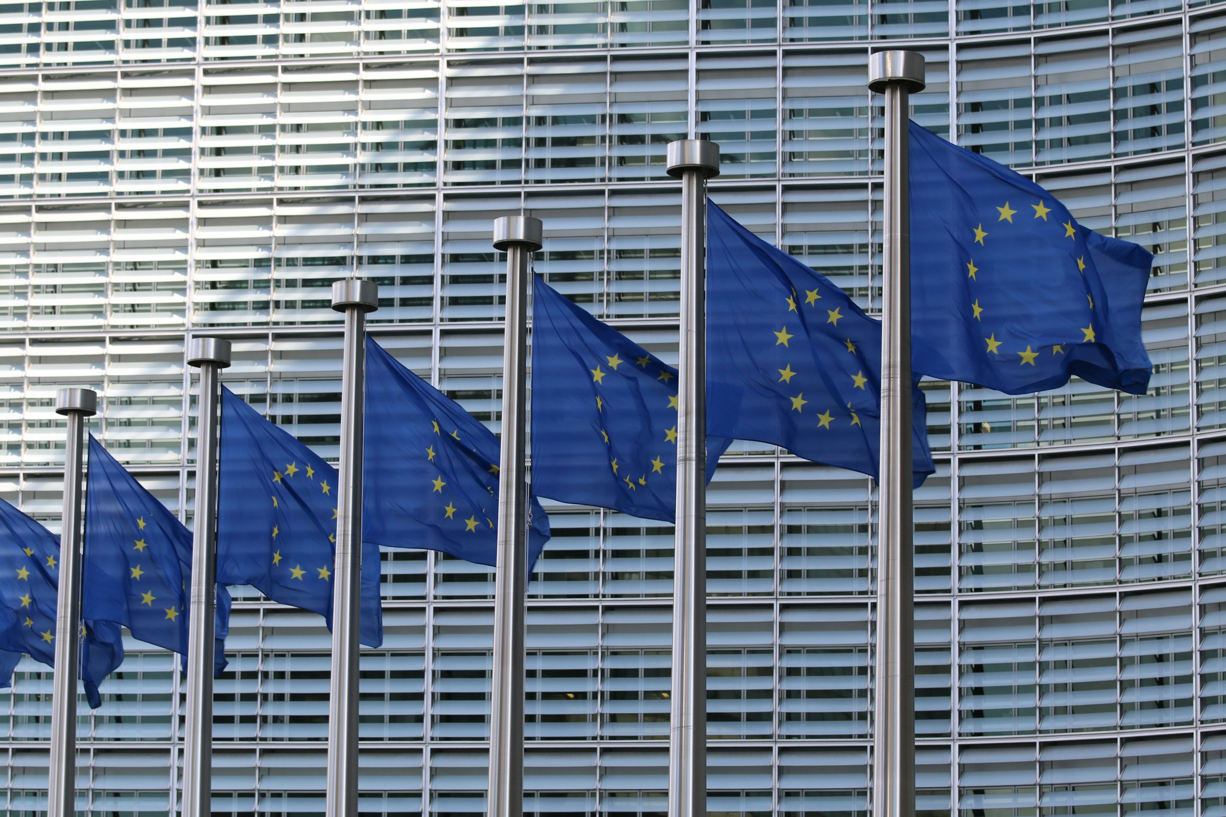 EU flags outside the European Commission Berlaymont building in Brussels